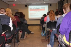 Ramapo College students listen as Dr. Theresa Williamson talks about coverage in Rioonwatch.org. PHOTO/ Caitlin Stedge-Stroud